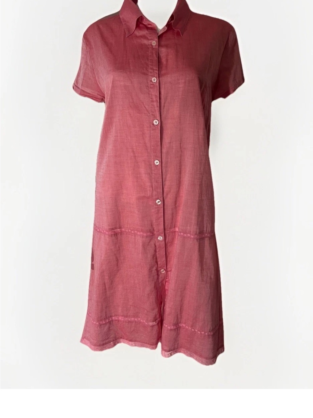 Anne Klein Pink Satin Floral Lace Inserts Button Down Shirt Bohemian Dress Small